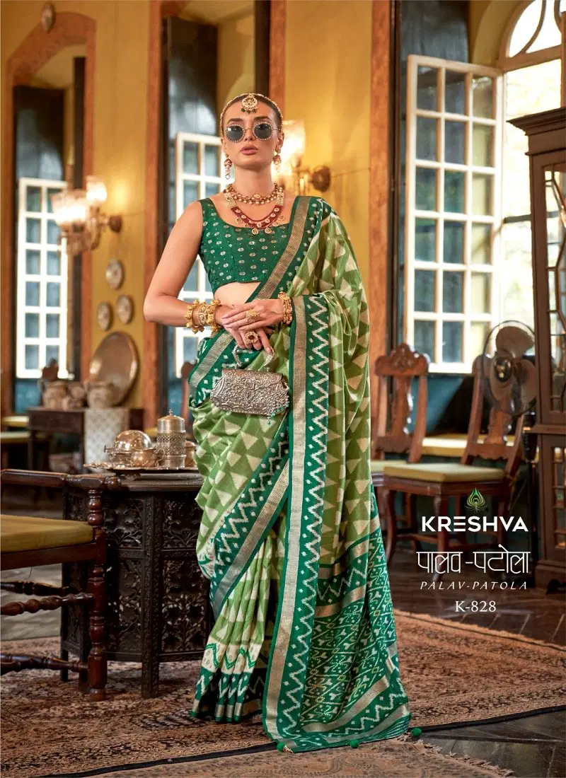 Mendi Green Colour Palav Patola By Kreshva Pv Silk Designer Saree Suppliers In India K 828