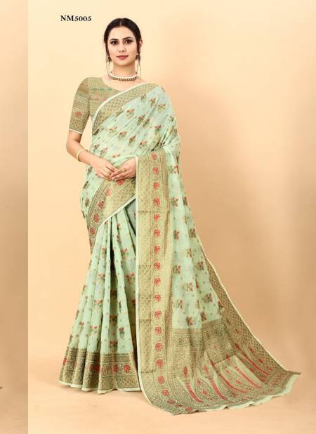Mint And Gold Colour NM5001 To NM5006 Fashion Berry Soft Cotton Silk Printed Saree Wholesalers In Delhi NM5005
