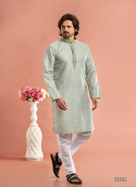 Mint Green Colour Function Mens Wear Printed Cotton Stright Kurta Pajama Suppliers In India 3029