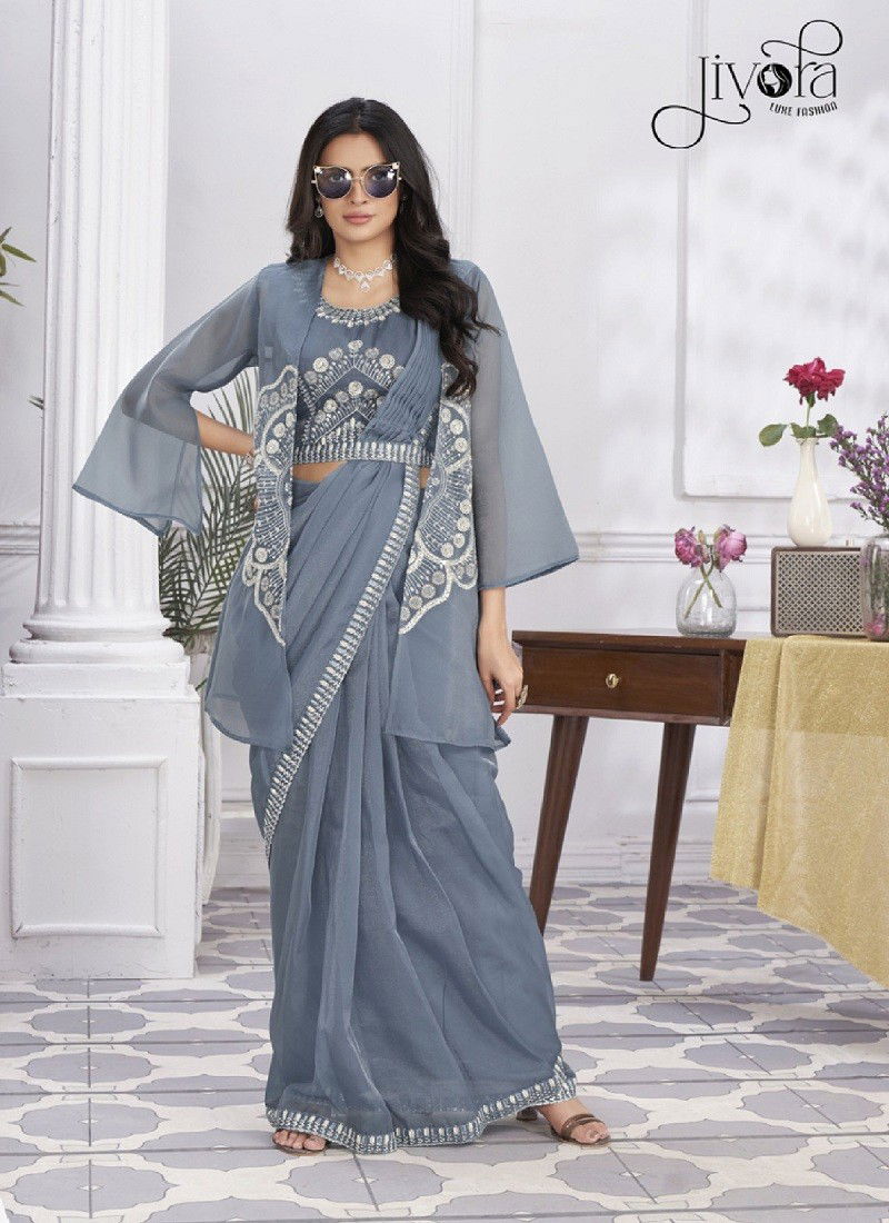 Minutes By Jivora Embroidery Party Wear Readymade Wholesale Saree In Delhi 2808 Grey