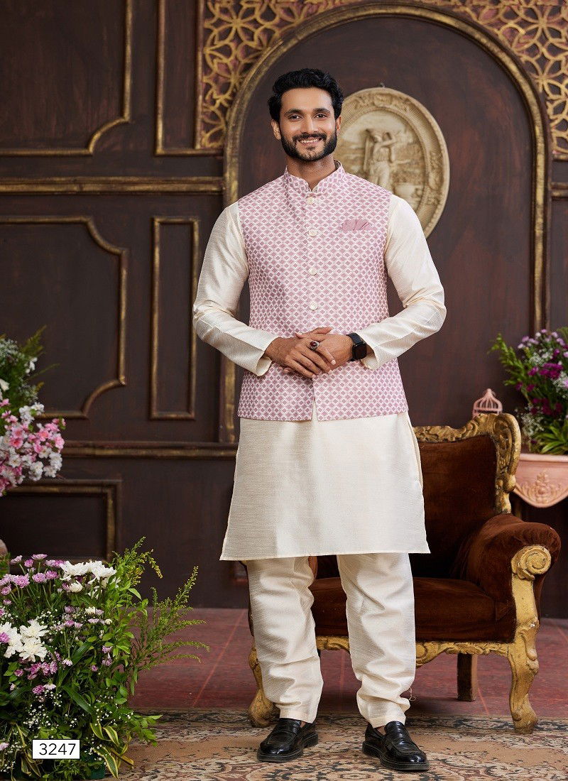 Muave Colour 1643 Party Wear Art Banarasi Silk Mens Modi Jacket Kurta Pajama Wholesale Online 3247