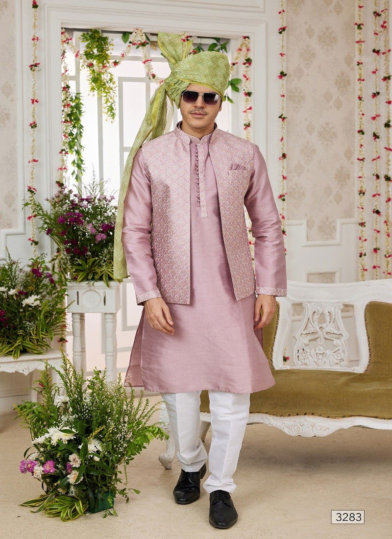 Muave Colour 1645 Wedding Wear Art Silk Mens Modi Jacket Kurta Pajama Exporters In India 3283