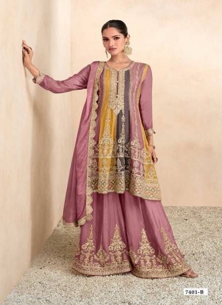 Muave Colour Preet By Gulkayra Chinon Readymade Suits Exporters In India 7401-B