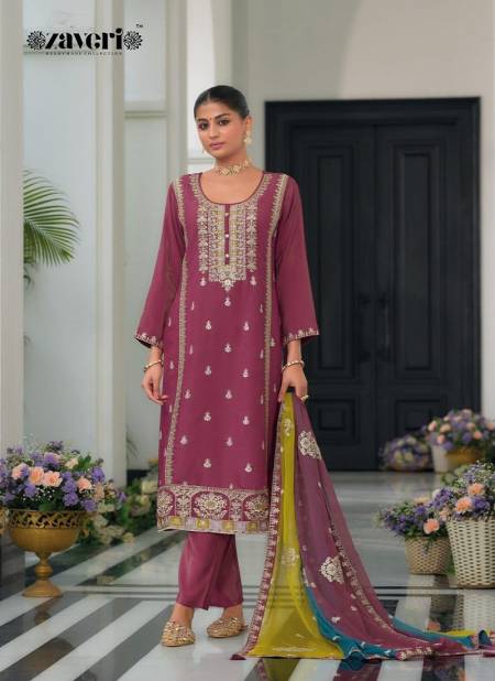 Muave Colour Simer By Zaveri Chinon Embroidery Kurti With Bottom Dupatta Wholesale Online 1375