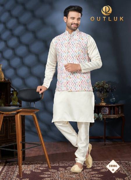 Multi And Off White Colour Outluk Wedding Lucknowi Vol 10 Mens Wear Modi Jacket Kurta Pajama Wholesale Online 10006