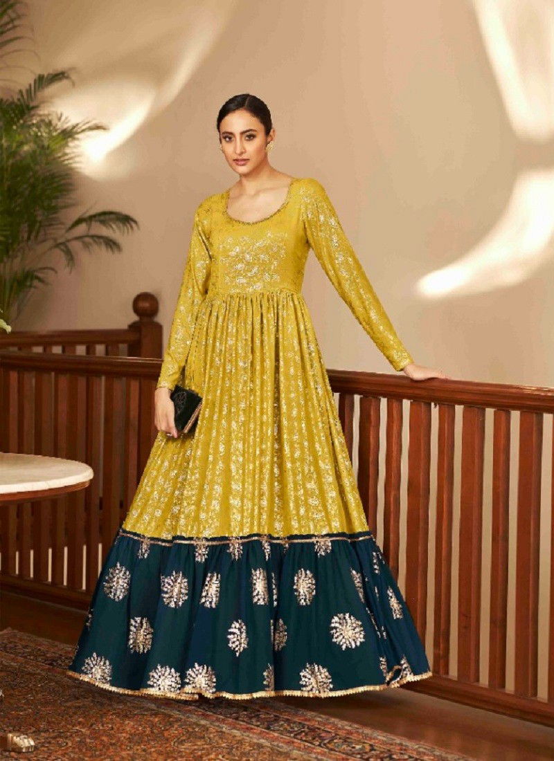 Multi And Yellow Colour Flory Vol 18 By Khushboo Shubhkala Georgette Anarkali Gown Catalog 4709