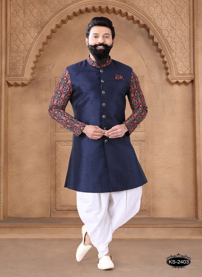 Multi Blue And White Colour 1632 Wedding Mens Wear Silk Indo Western Suppliers In India 1632-KS 2403