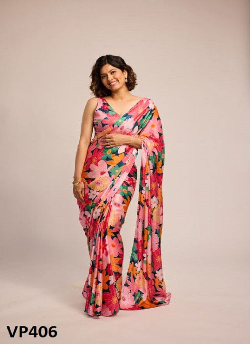 Multi Colour Gia By Fashion Berry Nylon Japan Satin Floral Printed Saree Exporters In India VP406