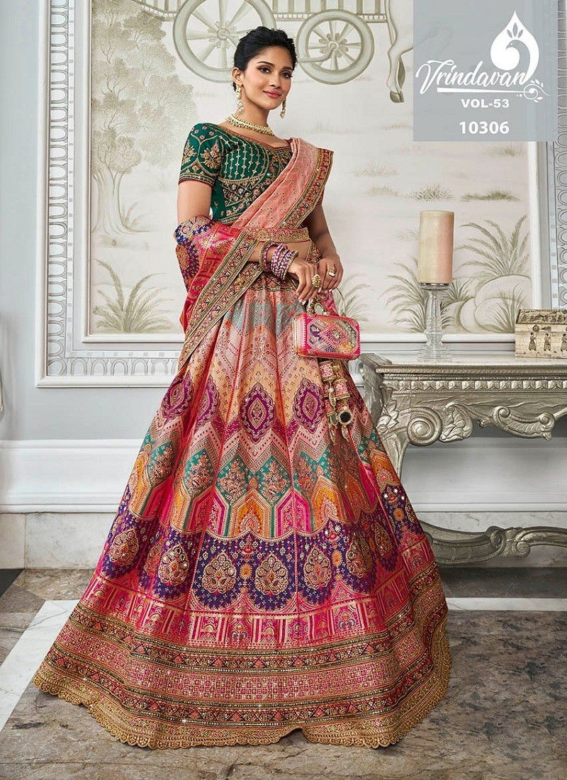 Multi Colour Royal Vrindavan Vol 53 Banarasi Silk Bridal Lehenga Choli Orders In India 10306