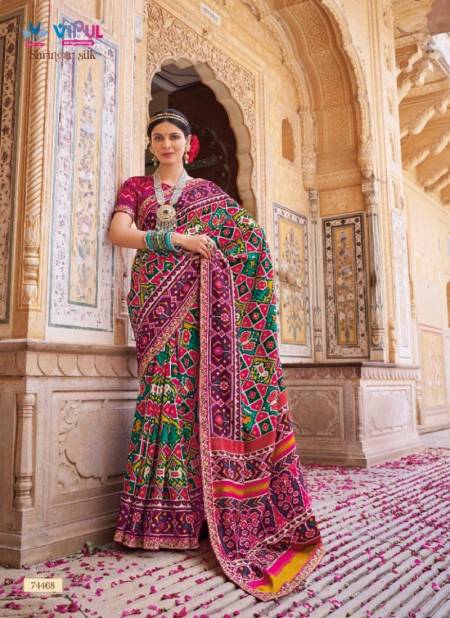 Multi Colour Shringar Silk By Vipul Patola Silk Embroidery Lace Work Designer Saree Catalog 74408