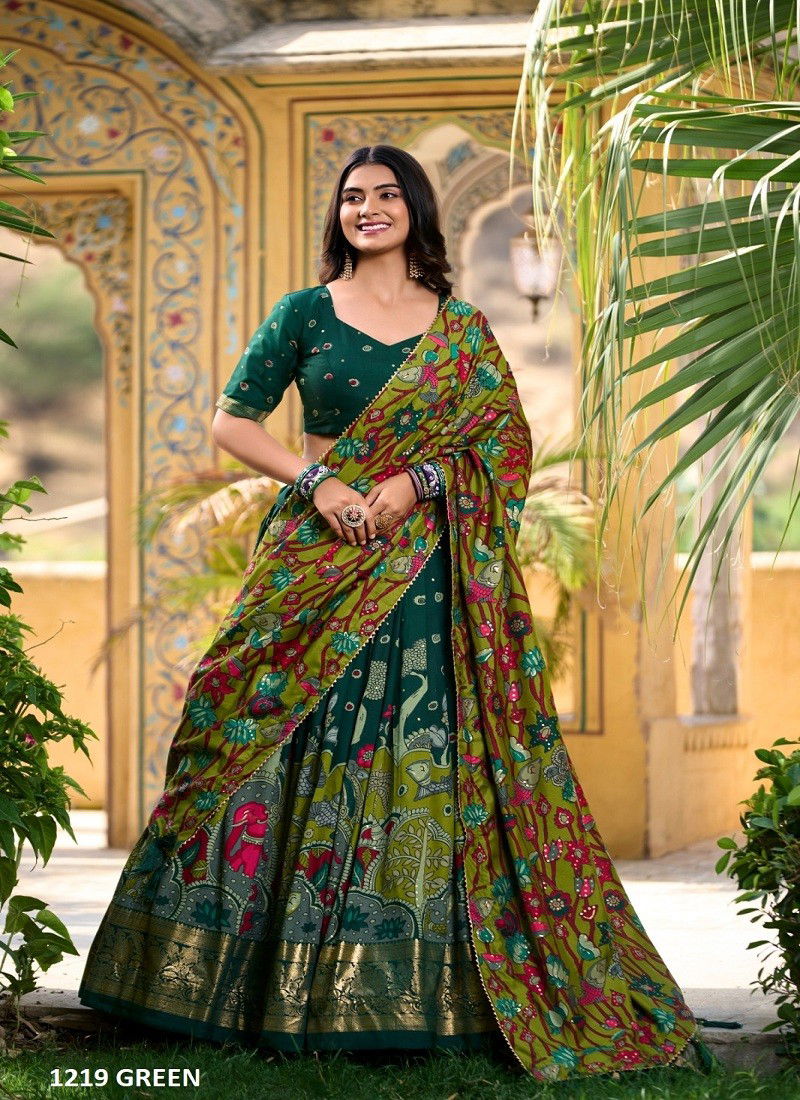 Musafir By LNB Tussar Silk Printed Lehenga Choli Suppliers In India 1219 Green