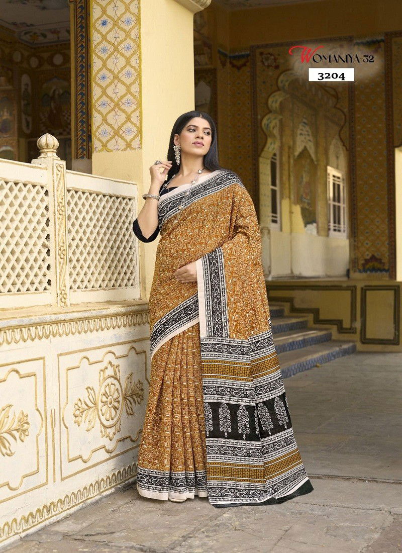 Mustard Black Colour Womaniya Vol 32 By Apple Daily Wear Printed Bhagalpuri Saree Suppliers In India 3204