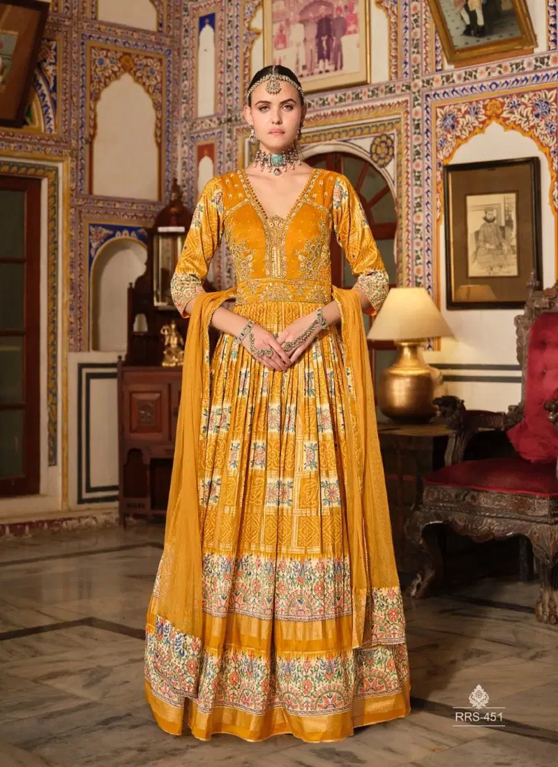 Mustard Colour Ada By Kreshva Smooth Silk Reception wear Gown Orders In India RRS 451