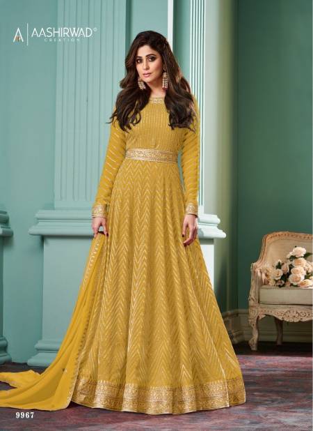 Mustard Colour Alizza Pro By Aashirwad Georgette Readymade Gown With Dupatta Wholesale Online 9967