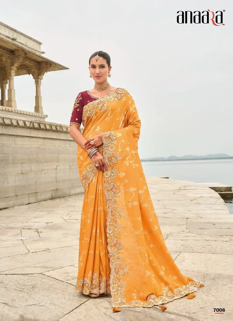 Mustard Colour Anaara By Tathastu 7001 To 7011 Series Viscose Tissue Silk Wedding Wear Saree Suppliers in Mumbai TE 7006