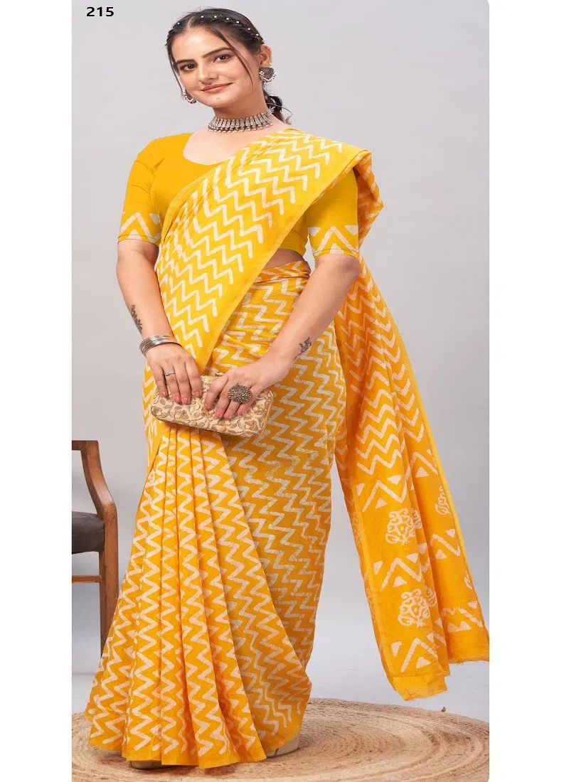 Mustard Colour Batik Print By Mira Bela Chanderi Soft Cotton Daily Wear Sarees Wholesale Price MB215