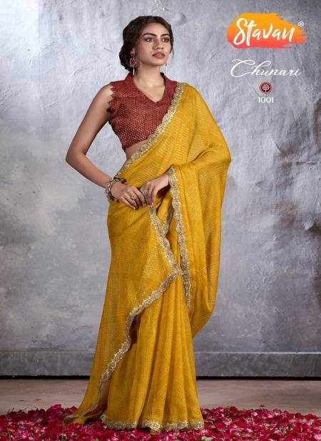 Mustard Colour Chunri By Stavan Designer Chiffon Embroidery Sarees Wholesale Price In Surat 1001