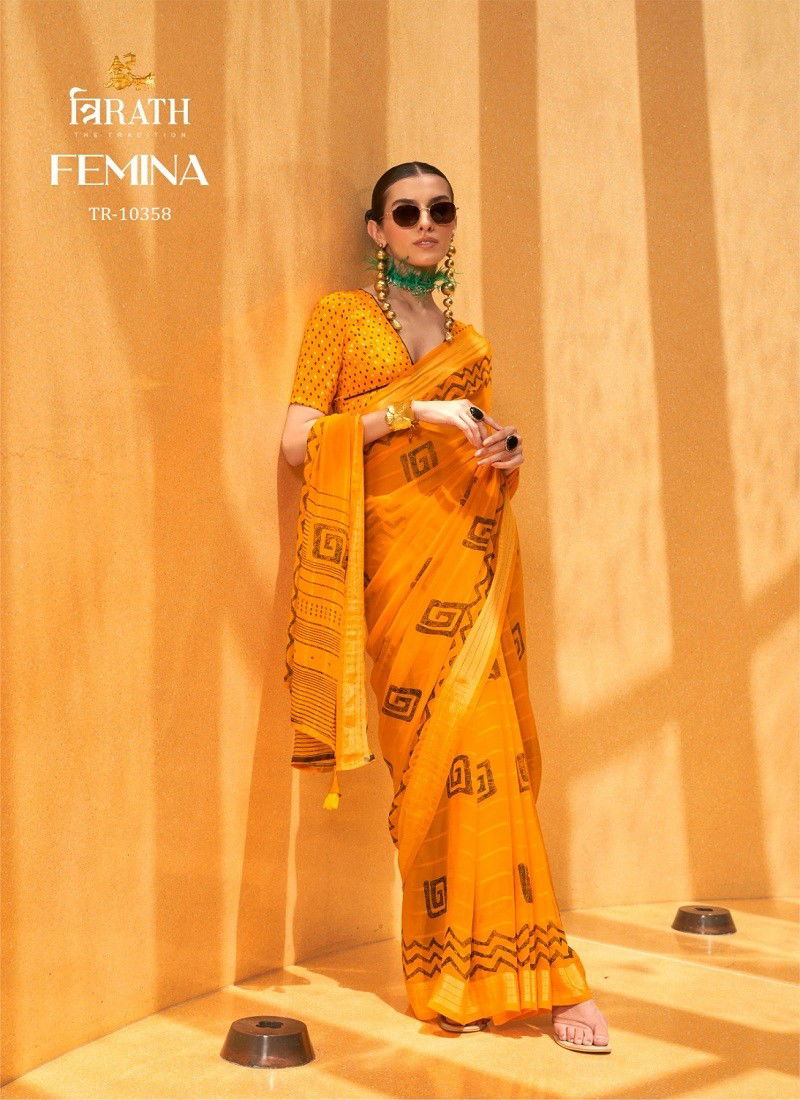 Mustard Colour Femina By Trirath Daani Georgette Foil Printed Saree Orders In India TR-10358