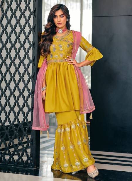 Mustard Colour Honey Heavy Wedding Wear Wholesale Designer Sharara Suits 1021