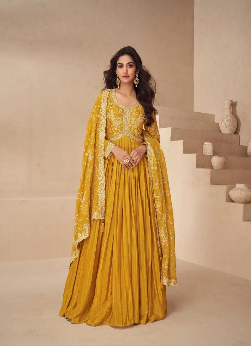 Mustard Colour Kesariya By Aashirwad Chinon Silk Gown With Dupatta Exporters In India 10141