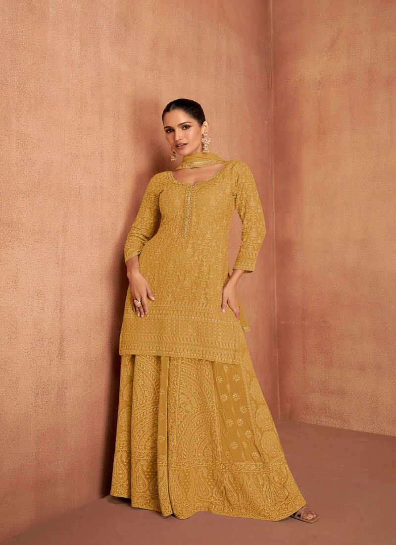 Mustard Colour Mannat By Gulkayra Georgette Surat Readymade Suits Wholesale Market 7496 A