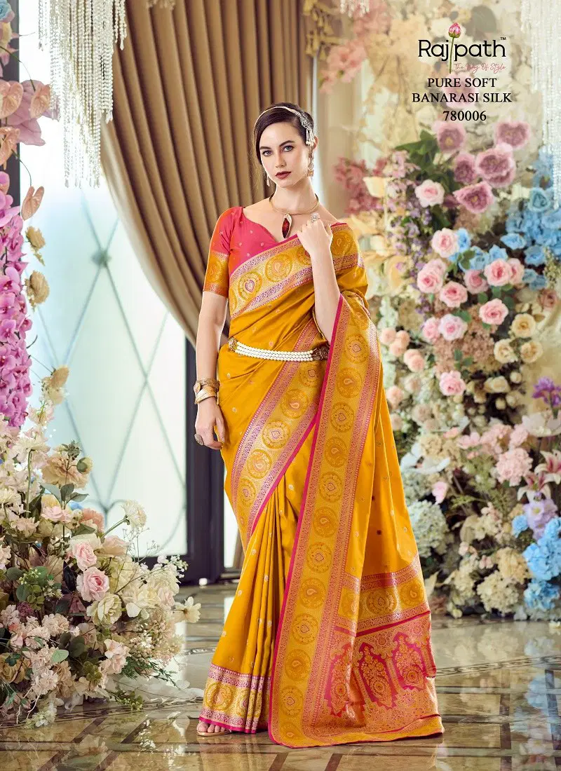 Mustard Colour Minakari By Rajpath Banarasi Silk Designer Saree Wholesale In India 780006