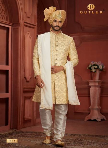 Mustard Colour Outluk Wedding Collection Vol 14 Pure Silk Mens Wear Sherwani Wholesale Online 14003