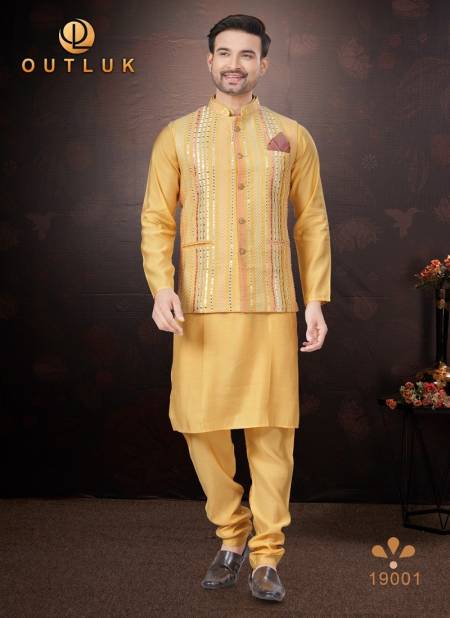 Mustard Colour Outluk Wedding Collection Vol 19 Pure Silk Mens Modi Jacket Kurta Pajama Wholesale Online 19001