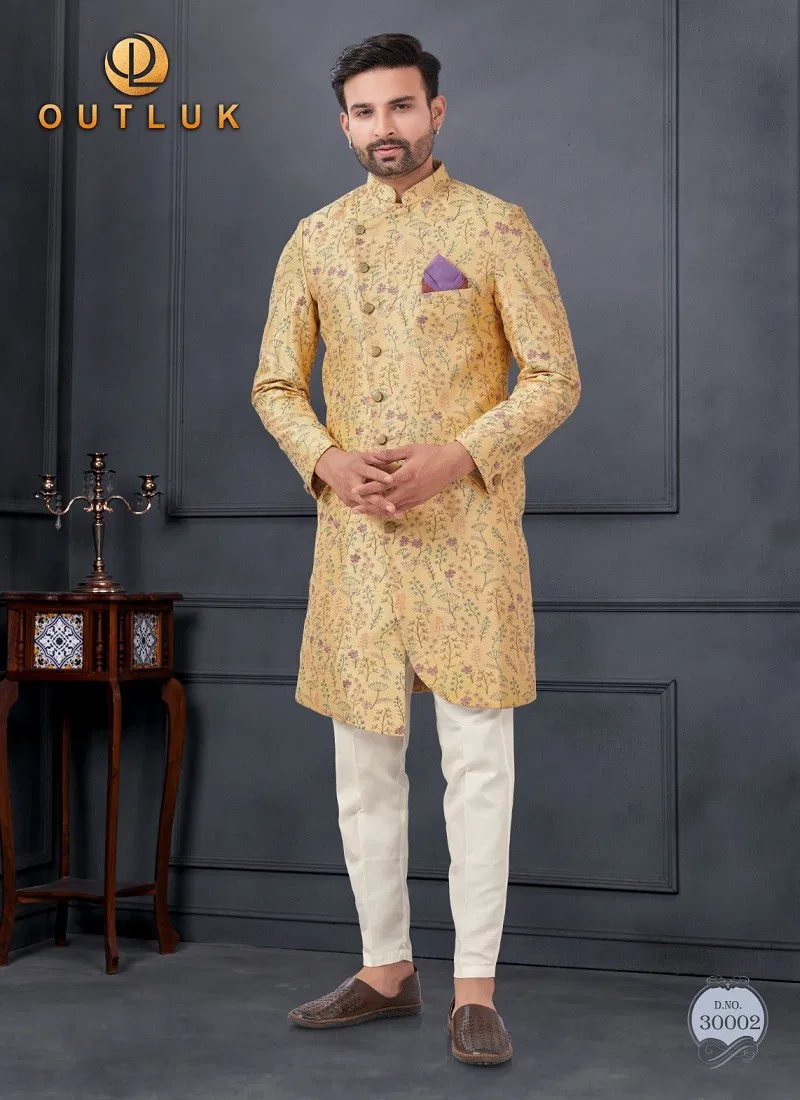 Mustard Colour Outluk Wedding Collection Vol 30 Silk Mens Wholesale Indo Western Manufacturers 30002