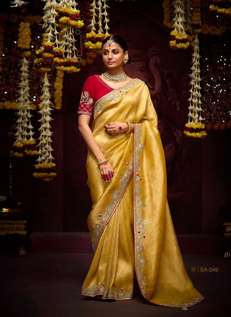 Mustard Colour Prasang By Kimora Banarasi Kanjivaram Wedding Wear Saree Orders In India SA-349