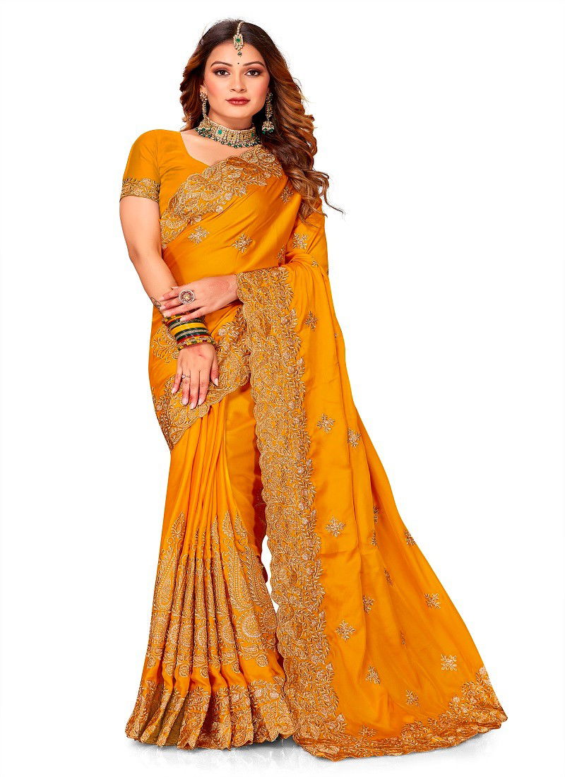 Mustard Colour Raagsutra By Nari Fashion Satin Embroidery Saree Wholesale Shop In Surat 6928