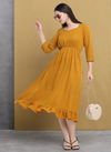 Mustard Colour Raisin American Crepe Party Wear Western Midi Dress Catalog OLRF0002