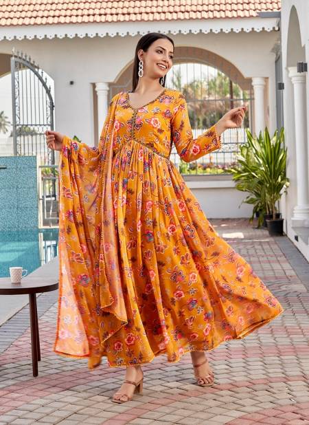 Mustard Colour SS 161 Flower Printed Georgette Kurti With Dupatta Suppliers In India DR101