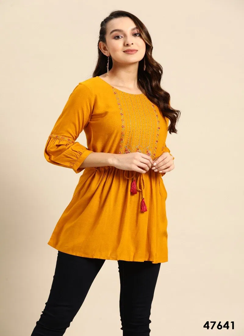 Mustard Colour Short Top Vol 1 By Mahotsav Embroidered Rayon Wester Top Exporters In India 47641