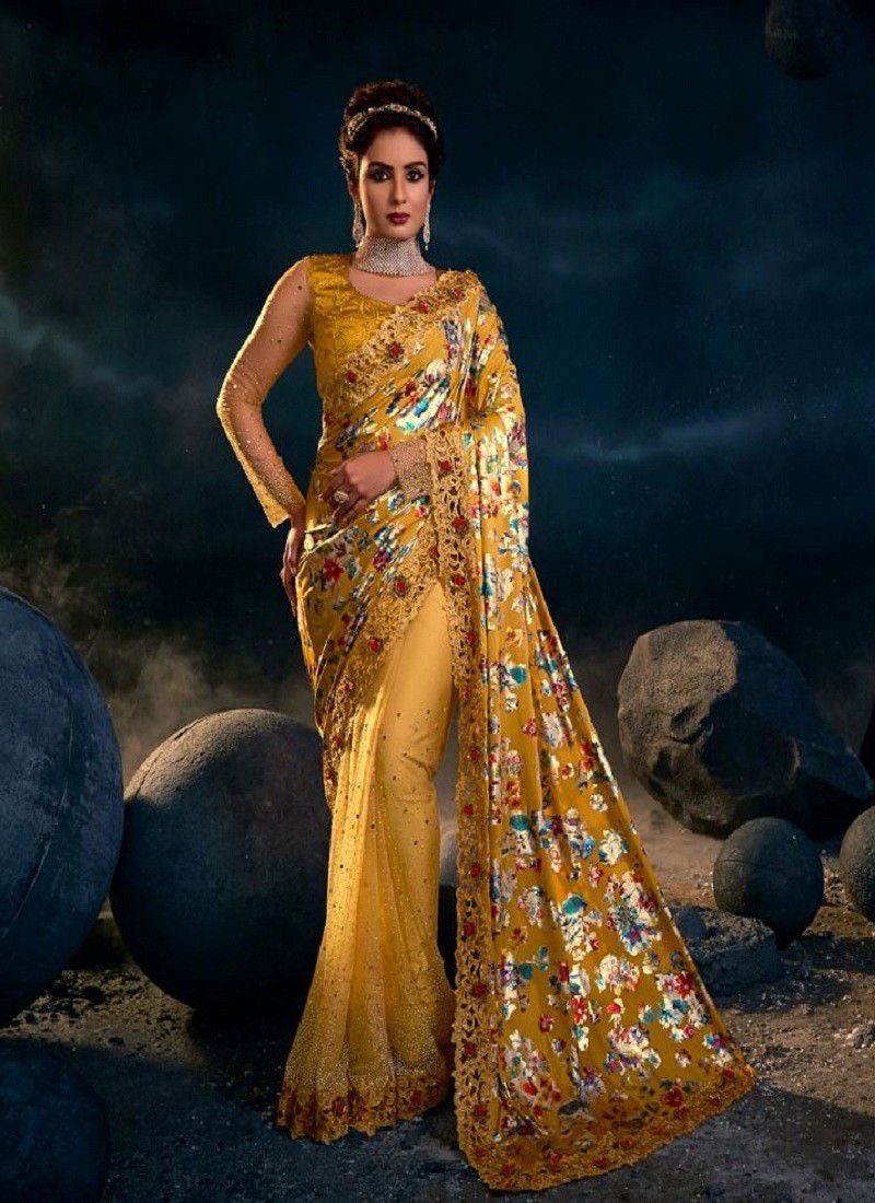 Mustard Colour Swarovski Vol 4 By Mn Digital Net Designer Party Wear Saree Wholesale Online 6303