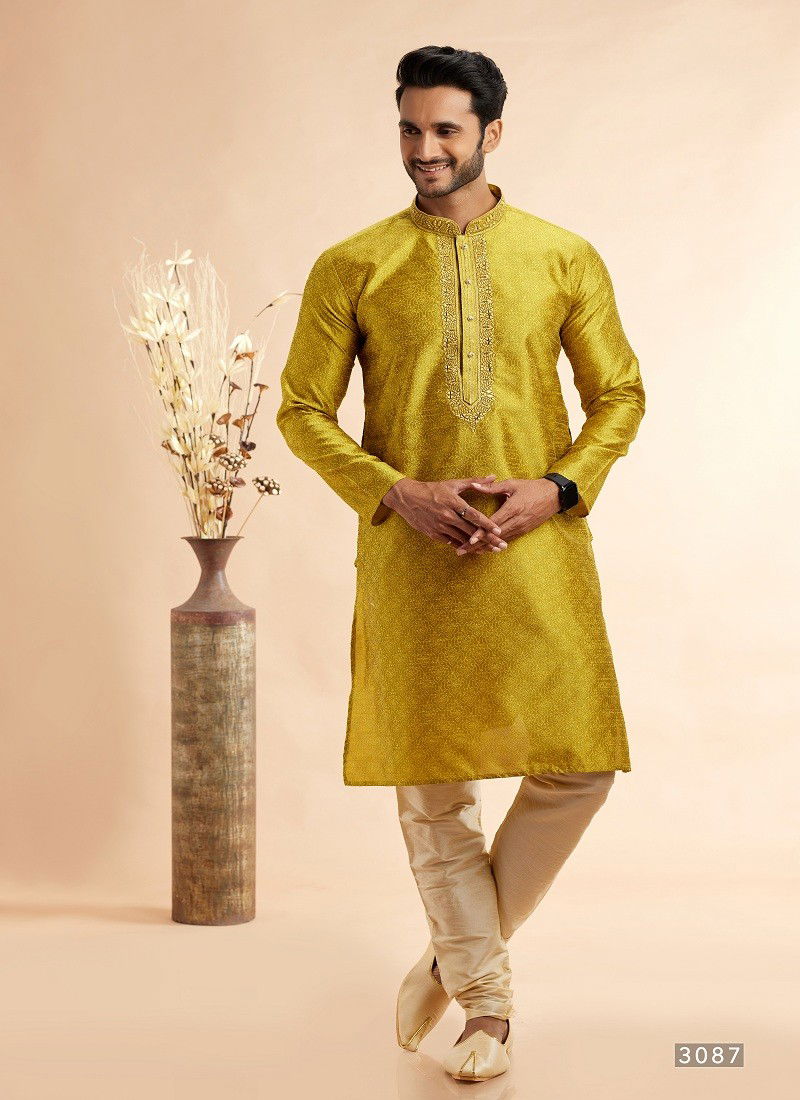 Mustard Colour Vol 93 Occasion Wear Jaquard Art Silk Mens Kurta Pajama Wholesale Online 3087