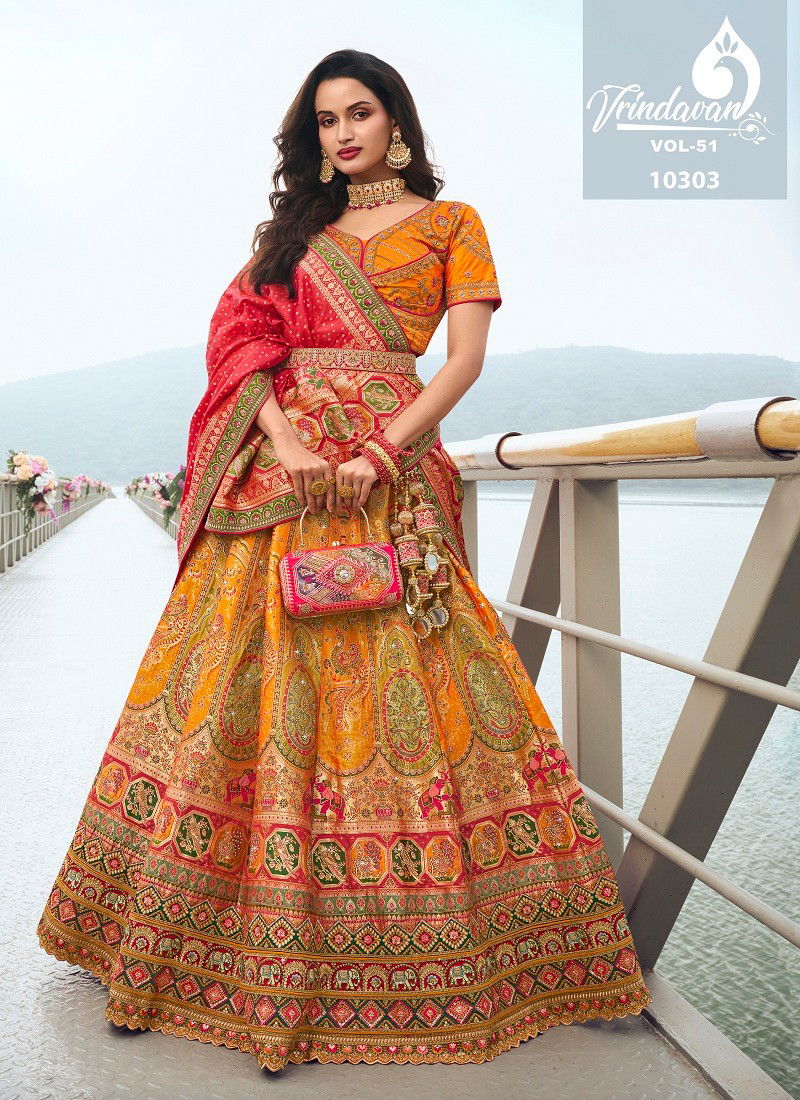 Mustard Multi Colour Royal Vrindavan Vol 51 Silk Bridal Lehenga Choli Suppliers In India 10303