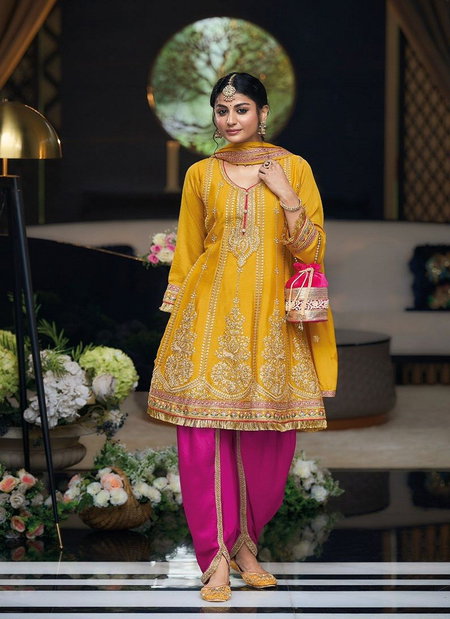 Mustard Sajni 2 By Eba Chinon Embroidery Kurti With Bottom Dupatta Orders In India