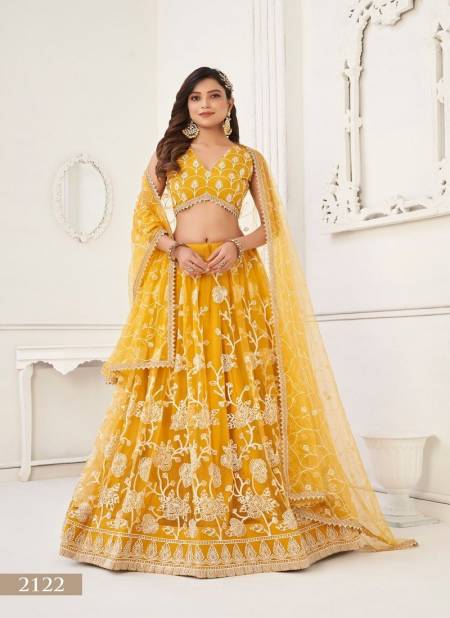 Mustard Yellow Colour Kelaya Vol 5 By Narayani Fashion Butterfly Net With Thread Work Party Wear Lehenga Choli Catalog 2122