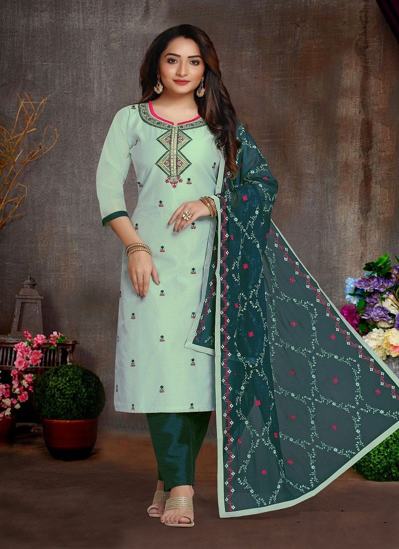 N F Churidar 051 Printed Chanderi Silk Kurti With Bottom Dupatta Wholesale Online N F C 894 PISTA