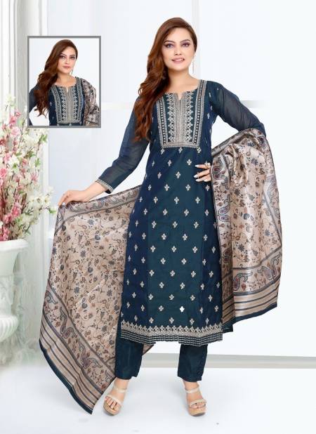 N F Churidar 051 Printed Chanderi Silk Kurti With Bottom Dupatta Wholesale Online N F C 897 BLUE