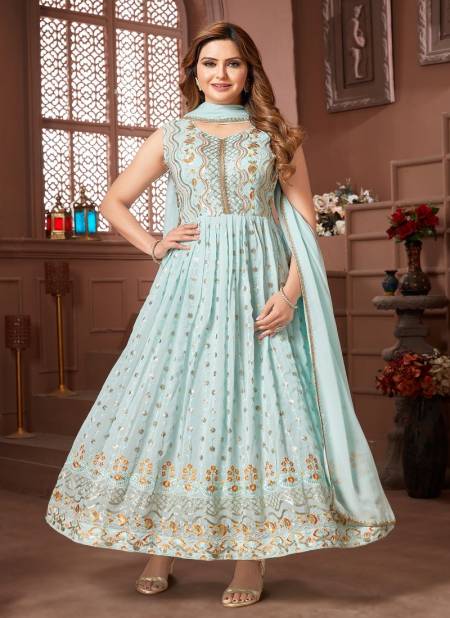 N F Gown 024 Long Goergette With Embroidery Work Gown Wholesale Price In Surat N F G 784 SKY BLUE
