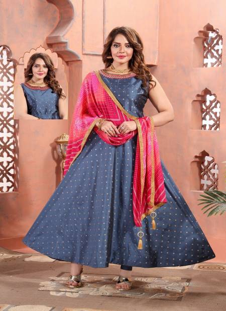 N F Gown 025 Long Printed Gown With Dupatta Wholesale Price In Surat N F G 794 GREY