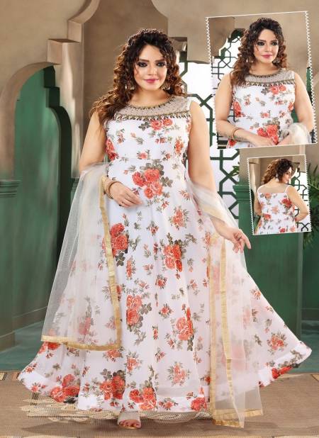 N F Gown 025 Long Printed Gown With Dupatta Wholesale Price In Surat N F G 822 WHITE