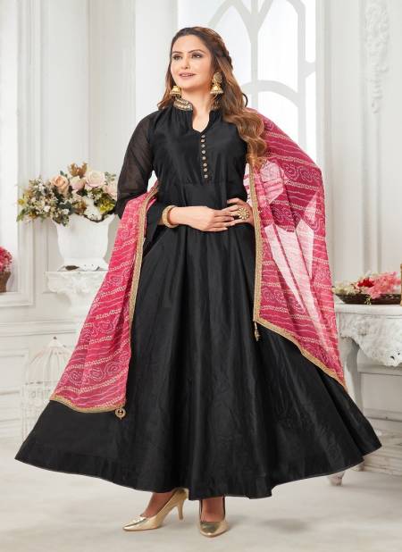 N F Gown 025 Long Printed Gown With Dupatta Wholesale Price In Surat N F G 824 BLACK