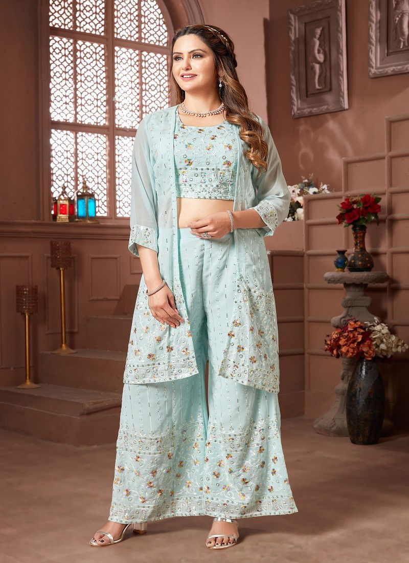 N F Z 790 SKY BLUE PLAZO 010 Georgette Readymade Suits Catalog