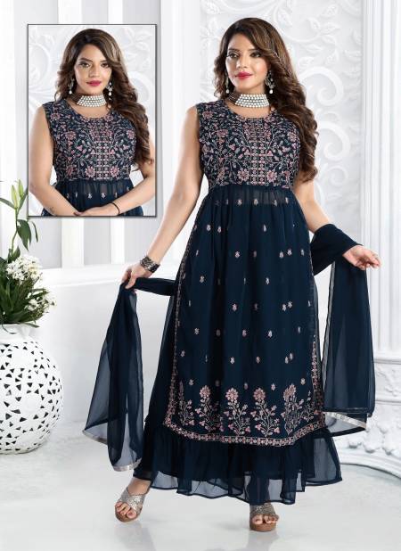 N F Z 814 TEAL BLUE PLAZO 010 Georgette Readymade Suits Catalog