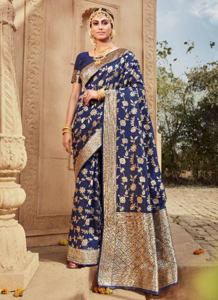 $36 - $48 - Steel Blue Bridal Ready Pleated Banarasi Saree and Steel Blue  Bridal Ready Pleated Banarasi Sari online shopping