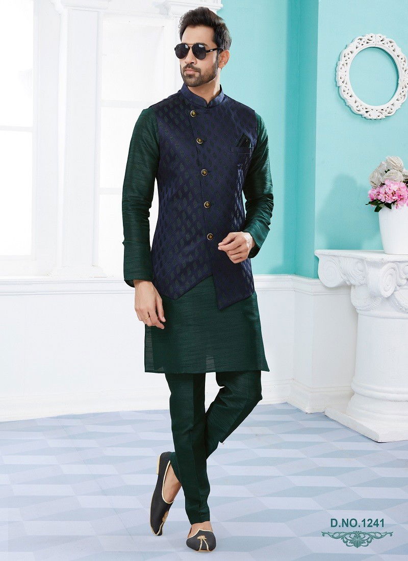 Navy And Green Vol 15 Wedding Wear Mens Modi Jacket Kurta Pajama Surat Wholesale Market 1241