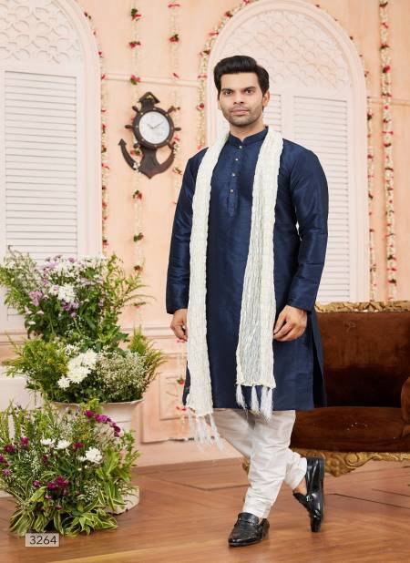 Navy And White Colour 1644 Function Wear Art Silk Mens Kurta Pajama With Dupatta Orders In India 3264